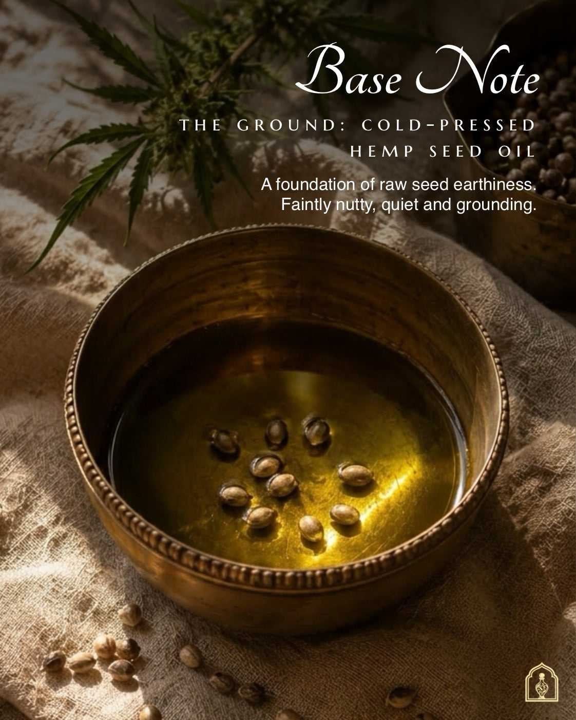 Bowl of cold-pressed hemp seed oil with seeds on a textured surface, featuring text about the oil's properties.