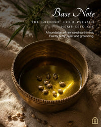 Bowl of cold-pressed hemp seed oil with seeds on a textured surface, featuring text about the oil's properties.