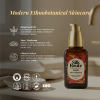 Silk Route skincare product with ingredients listed on a blurred bathroom background