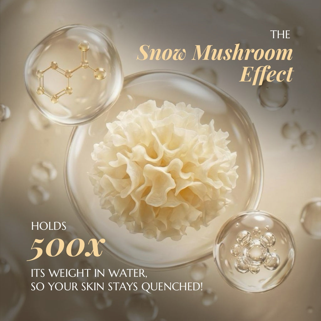 Snow mushroom with water droplets and molecular structure illustration on a beige background.