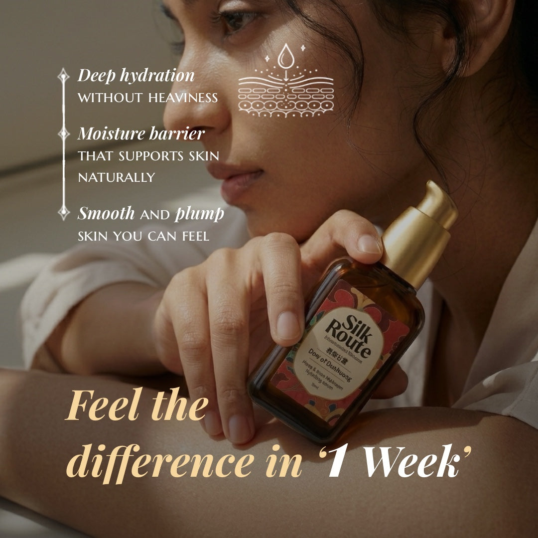 Woman holding a bottle of hydrating serum with text about deep hydration and skin benefits.