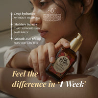 Woman holding a bottle of hydrating serum with text about deep hydration and skin benefits.