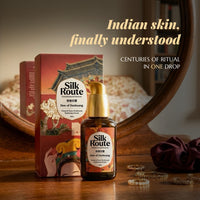 Silk Route skincare product with packaging on a wooden surface
