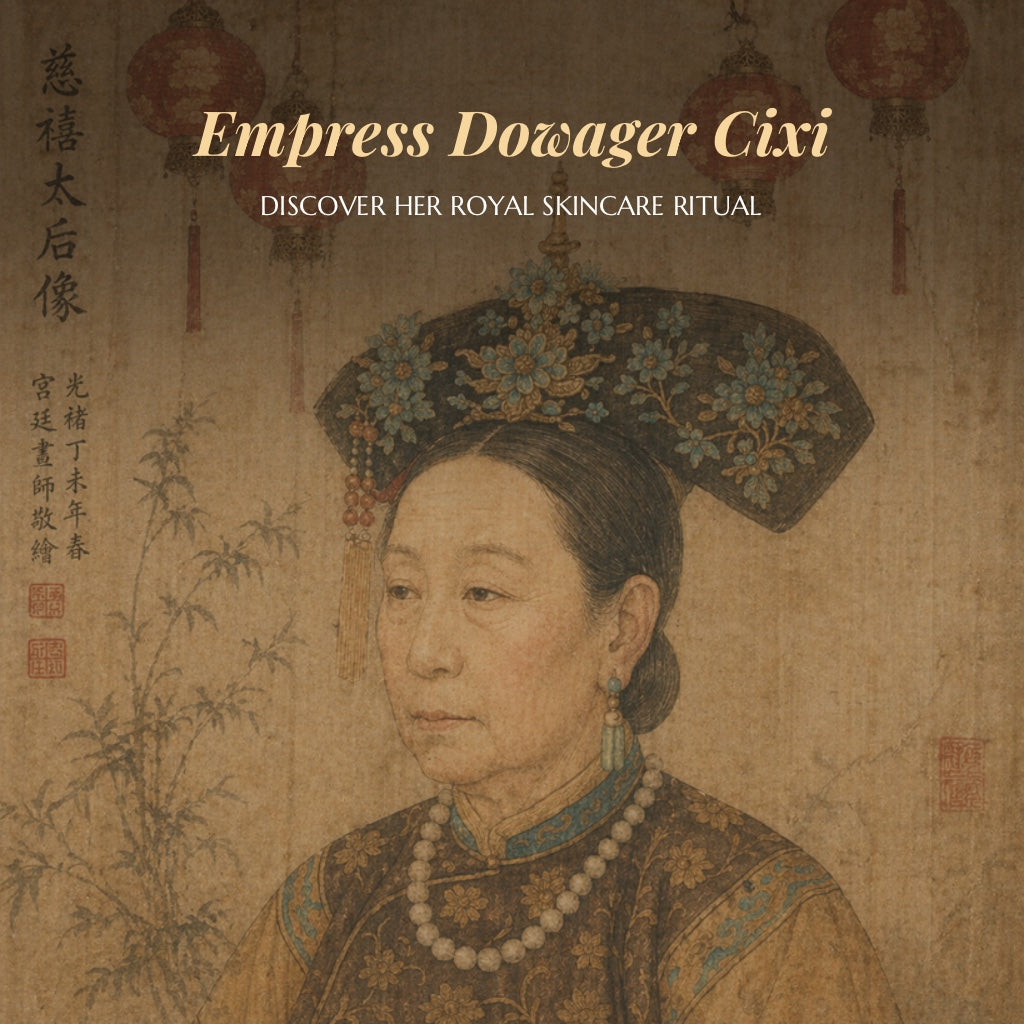 Portrait of Empress Dowager Cixi with text about her skincare ritual on a textured background