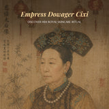 Portrait of Empress Dowager Cixi with text about her skincare ritual on a textured background