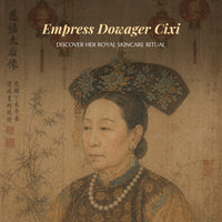 Portrait of Empress Dowager Cixi with text about her skincare ritual on a textured background