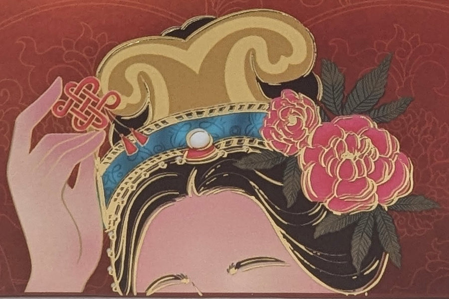 Close-up of the Dew of Dunhuang box: a Qing court figure in a gold headdress with peonies, touching a red knot ornament