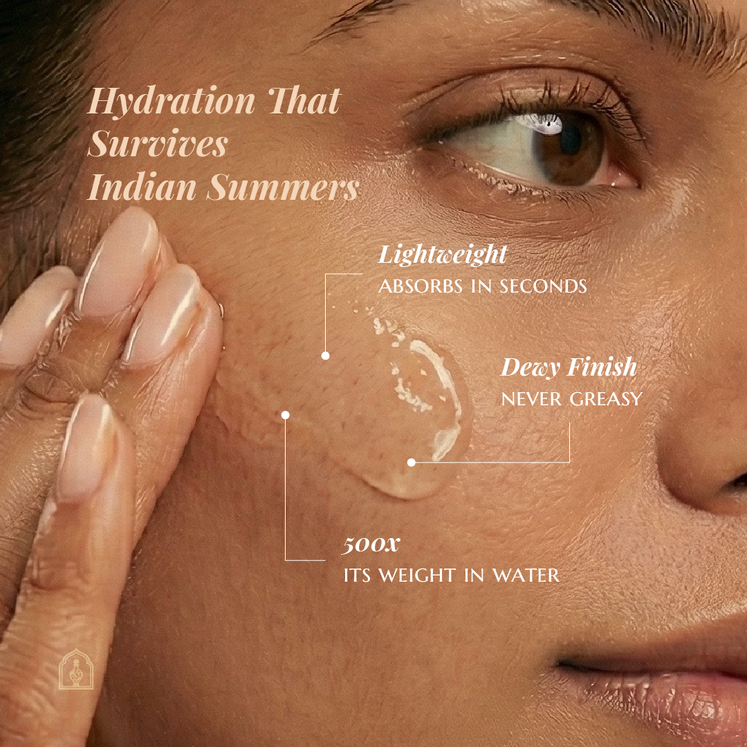 Snow Mushroom Hydrating Serum applied on Indian skin showing dewy finish — buy face serum India