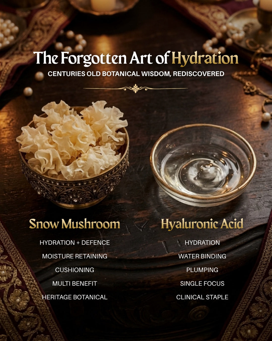 Snow Mushroom in a carved brass bowl beside a glass dish of hyaluronic acid on a dark wooden table